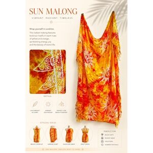 Sun Malong Yellow Orange Tie Dye Sarong Wrap Beach Cover Up Sun Motif Fringe